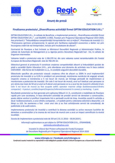 Finalizarea proiectului „Diversificarea activității firmei OPTIM EDUCATION S.R.L.” 24.04.2019