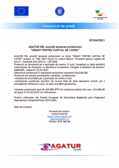 AGATUR SRL anunță lansarea proiectului “GRANT PENTRU CAPITAL DE LUCRU” 07/04/2021