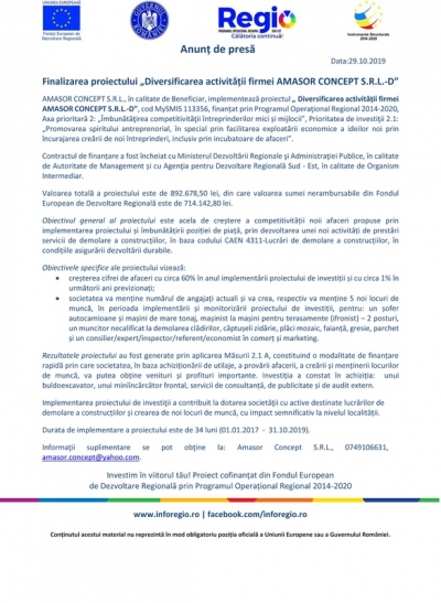 Finalizarea proiectului „Diversificarea activității firmei AMASOR CONCEPT S.R.L.-D” 29.10.2019