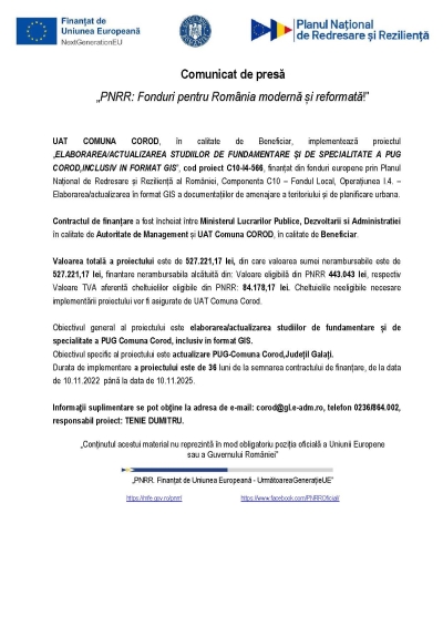 Comunicat de presă „PNRR: Fonduri pentru România modernă și reformată!” 05.04.2023