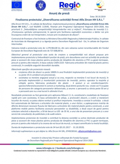 Finalizarea proiectului „Diversificarea activității firmei Alfa Zircon HH S.R.L.” 30.10.2019