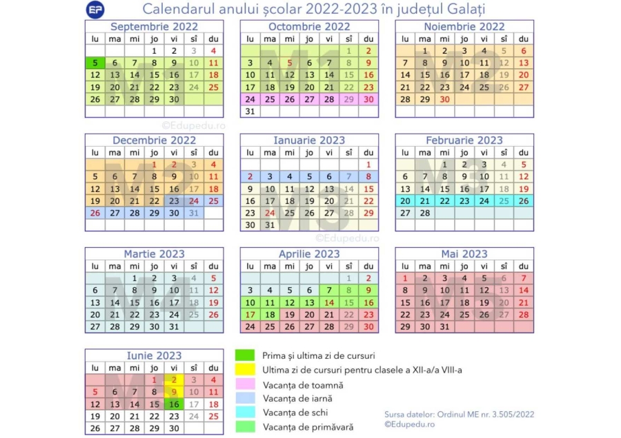 Calendarul anului şcolar 2022-2023 pentru judeţul Galaţi