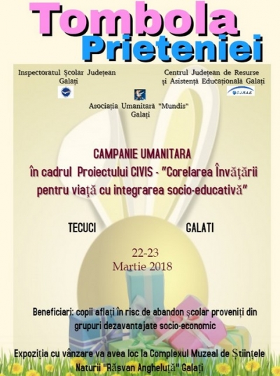 "Tombola Prieteniei", pentru elevii gălăţeni şi tecuceni din medii dezavantajate