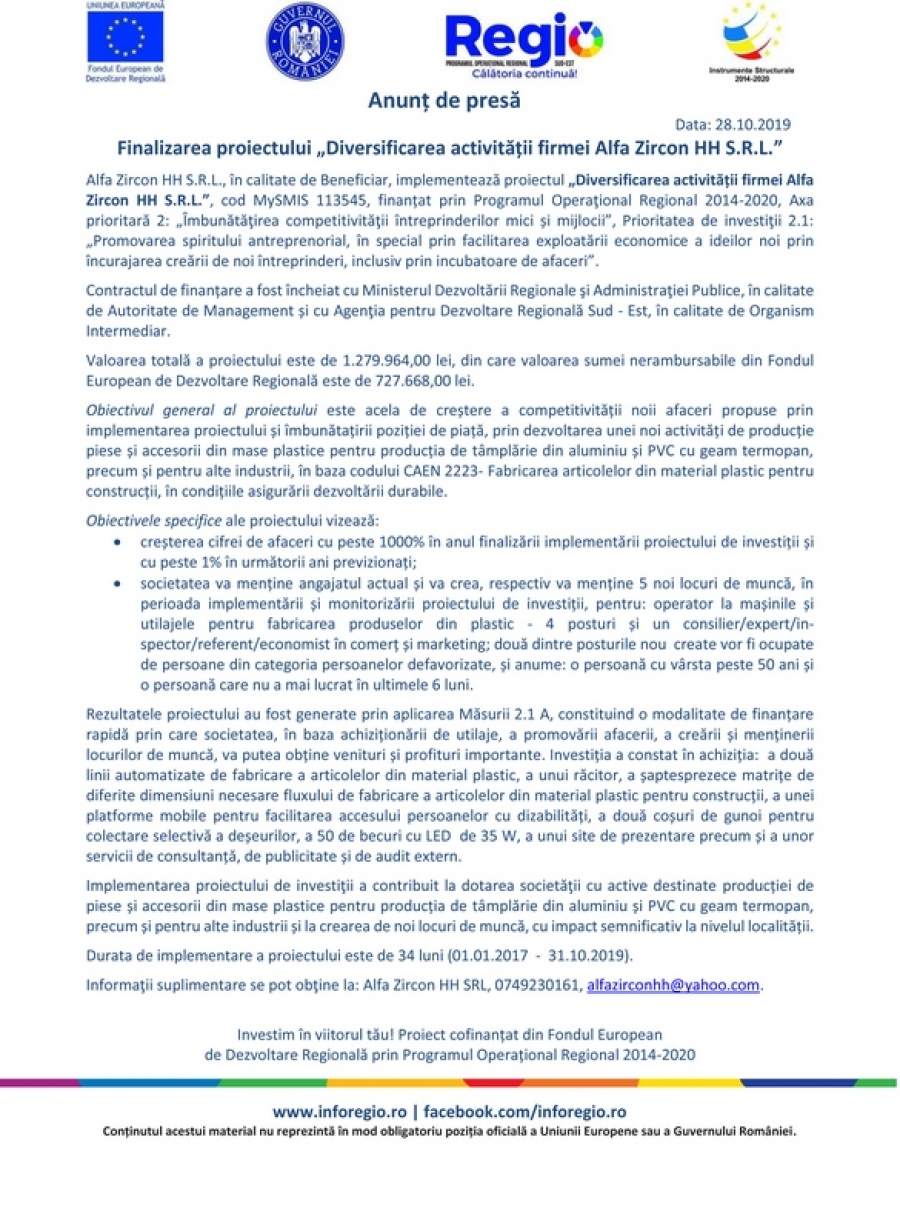 Finalizarea proiectului „Diversificarea activității firmei Alfa Zircon HH S.R.L.” 28.10.2019