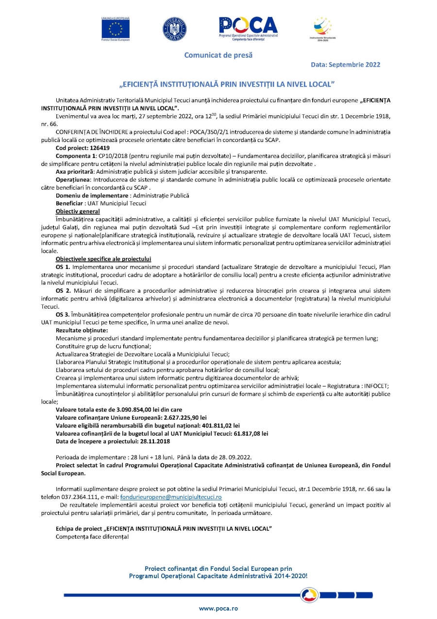 Comunicat de presă „EFICIENȚĂ INSTITUȚIONALĂ PRIN INVESTIȚII LA NIVEL LOCAL” Data: Septembrie 2022