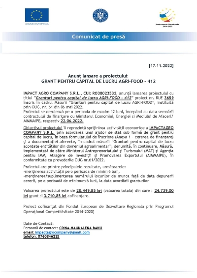 Comunicat de presă Anunț lansare a proiectului: GRANT PENTRU CAPITAL DE LUCRU AGRI-FOOD - 412 [17.11.2022]