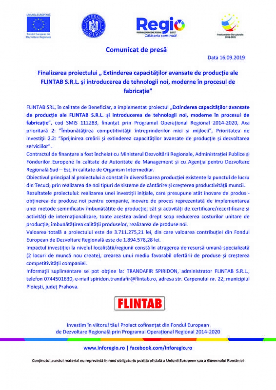 Finalizarea proiectului „Extinderea capacităților avansate de producție ale FLINTAB S.R.L. și introducerea de tehnologii noi, moderne în procesul de fabricație” 17.09.2019