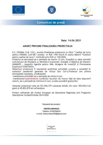 ANUNȚ PRIVUND FINALIZAREA PROIECTULUI 14.06.2021