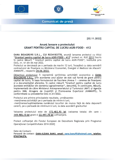 Comunicat de presă: Anunț lansare a proiectului: GRANT PENTRU CAPITAL DE LUCRU AGRI-FOOD - 412 Data: 02.11.2022