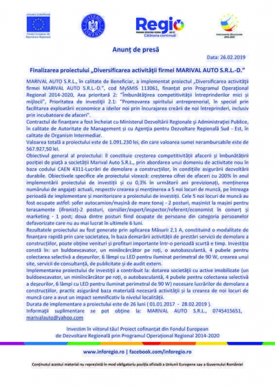 Finalizarea proiectului „Diversificarea activităţii firmei MARIVAL AUTO S.R.L.-D.” 26.02.2019