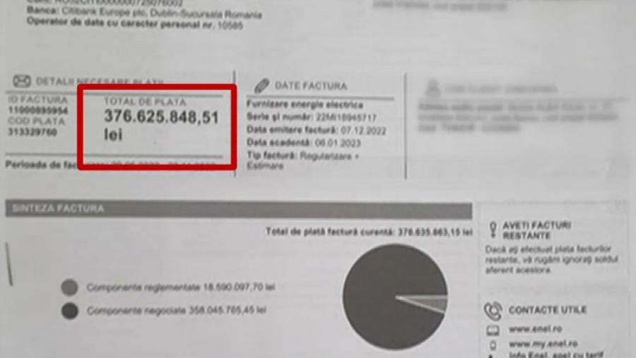 Factură de 76 de milioane de euro pentru energie electrică primită de un bărbat din Vrancea
