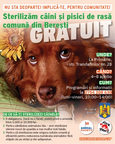 Campanii de sterilizare gratuită pentru câini şi pisici, în Bereşti şi Smârdan