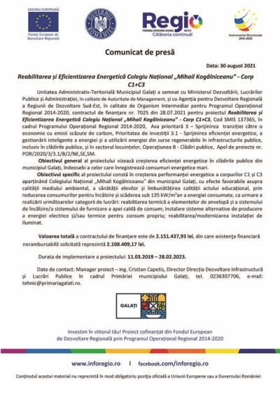 Reabilitarea și Eficientizarea Energetică Colegiu Național „Mihail Kogălniceanu” - Corp C1+C3 (30.08.2021)