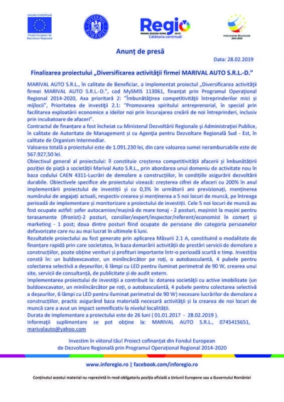 Finalizarea proiectului „Diversificarea activităţii firmei MARIVAL AUTO S.R.L.-D.” 28.02.2019