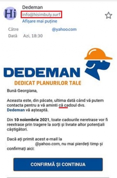 O nouă acţiune înşelătoare a infractorilor cibernetici copiază identitatea de brand Dedeman