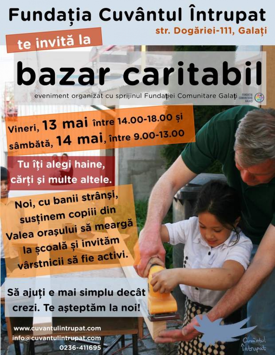Vino la Bazarul Fundaţiei Cuvântul Întrupat şi susţine un copil să meargă la şcoală