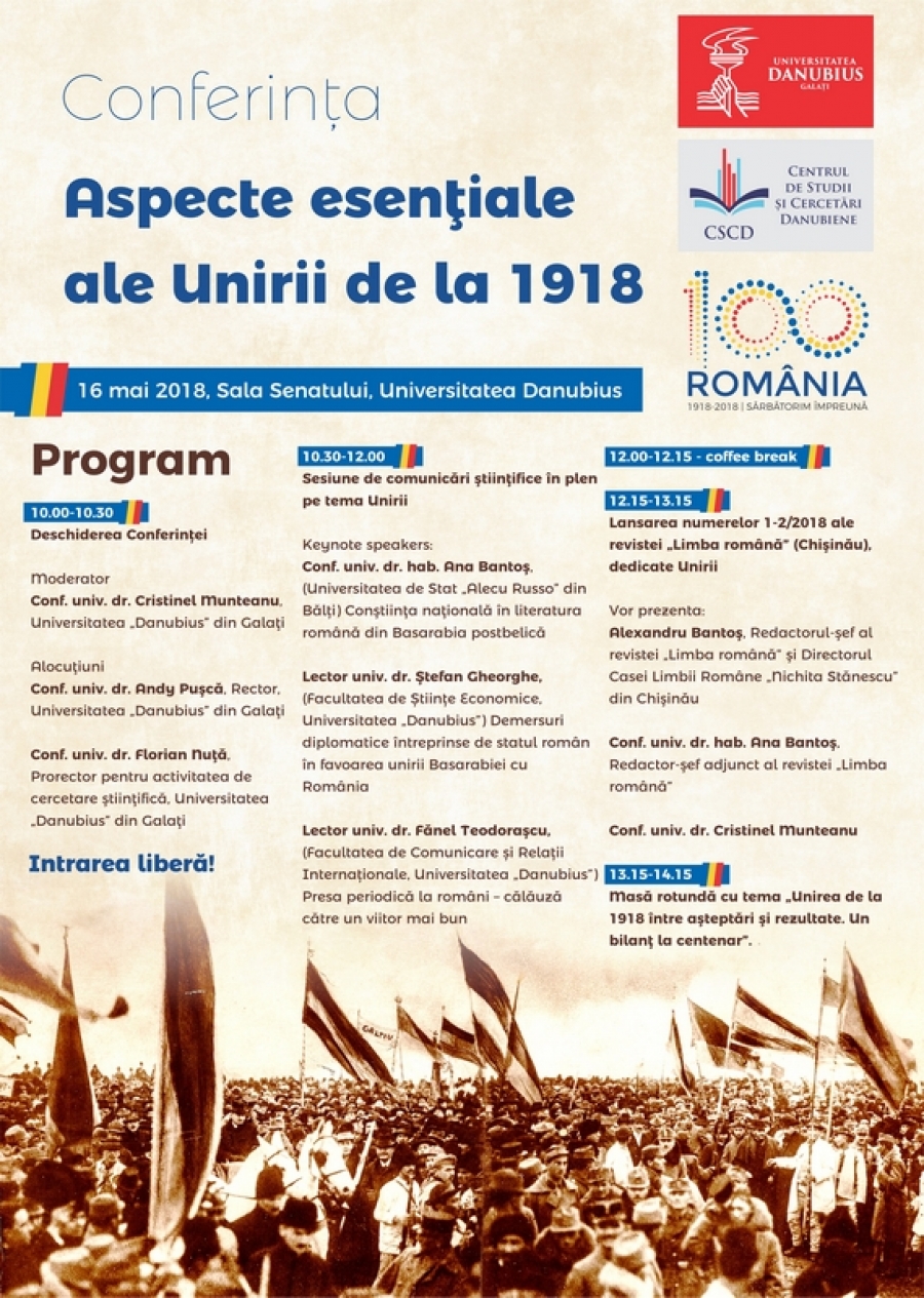 „Aspecte esenţiale ale Unirii de la 1918”, la Universitatea „Danubius”
