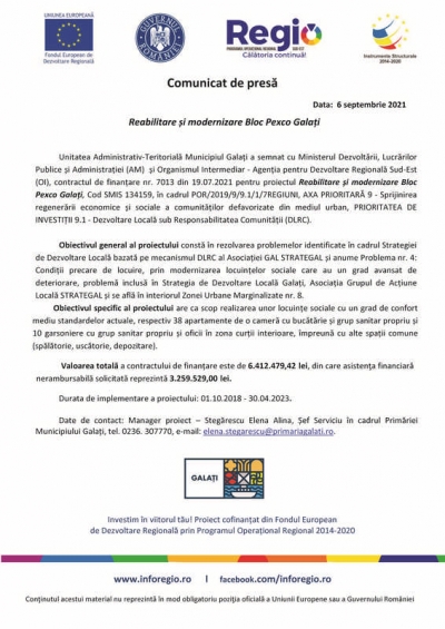 Comunicat de presă: Reabilitare și modernizare Bloc Pexco Galați - 6 septembrie 2021