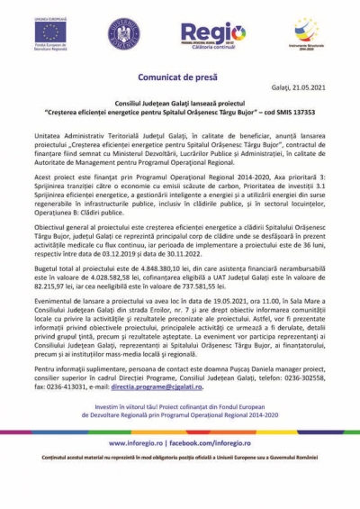 Consiliul Judeţean Galaţi lansează proiectul “Creșterea eficienței energetice pentru Spitalul Orășenesc Târgu Bujor” – cod SMIS 137353 21.05.2021