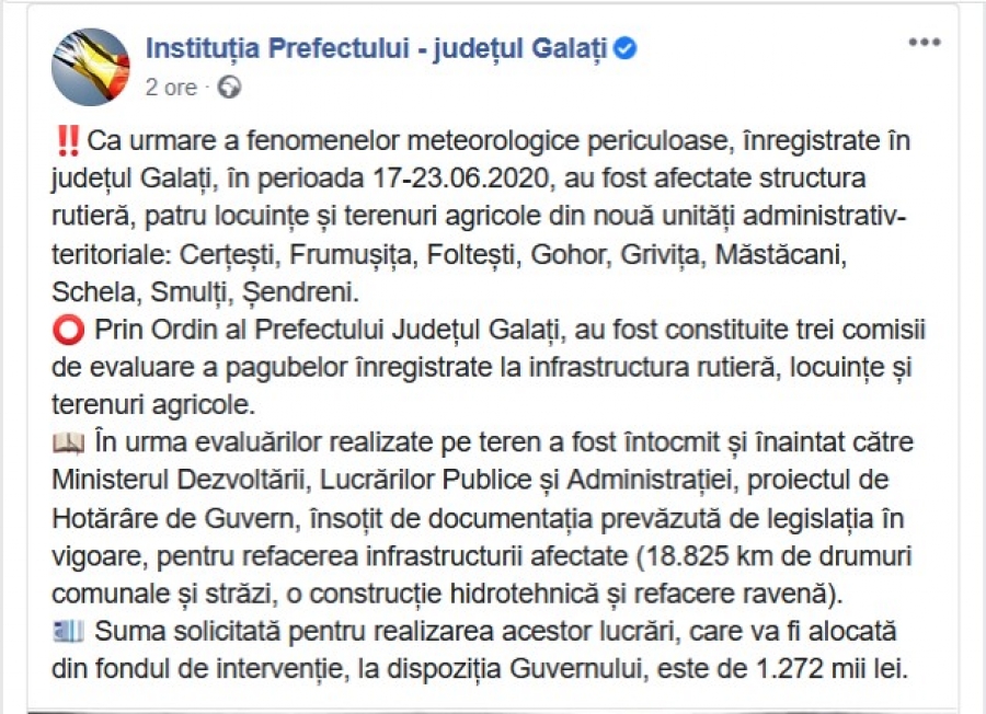 Prefectura Galați, cerere record absolut către Guvernul Orban