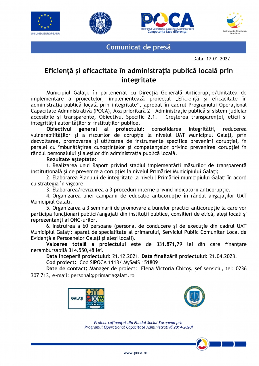 Comunicat de presă - Eficiență și eficacitate în administrația publică locală prin integritate (Data: 17.01.2022)