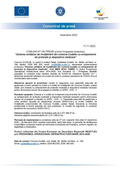 COMUNICAT DE PRESĂ privind începerea proiectului ”Dotarea unităților de învățământ din comuna Cudalbi cu echipamente de protecție și dispozitive medicale” 17.11.2022