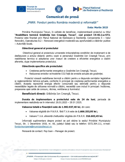 Comunicat de presă „PNRR: Fonduri pentru România modernă și reformată!” Data: Martie 2023