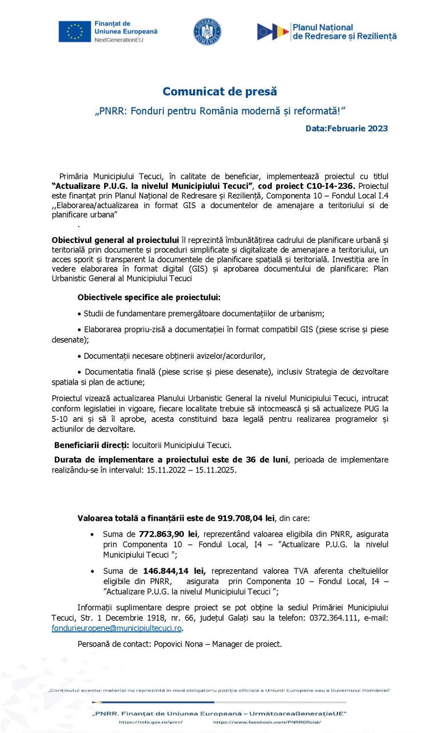 Comunicat de presă „PNRR: Fonduri pentru România modernă și reformată!” Data: Februarie 2023