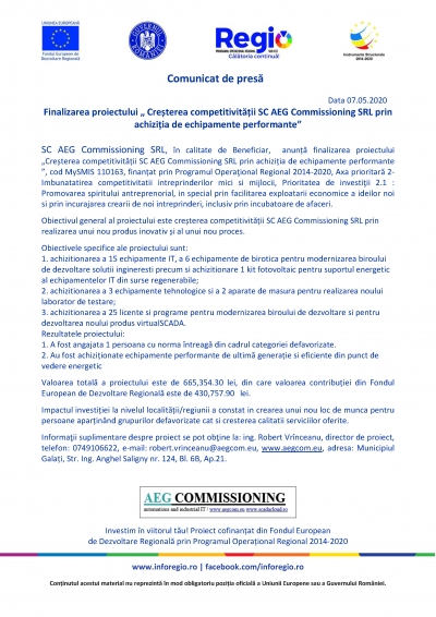 Finalizarea proiectului „Creșterea competitivității SC AEG Commissioning SRL prin achiziția de echipamente performante” 07.05.2020