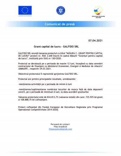 Grant capital de lucru – GALFIDO SRL 07.04.2021