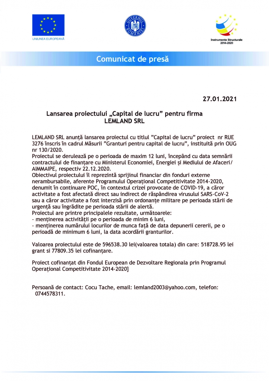 Lansarea proiectului „Capital de lucru” pentru firma LEMLAND SRL - 27.01.2021