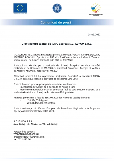 Comunicat de presă - Grant pentru capital de lucru acordat S.C. EUROM S.R.L. (08.02.2022)