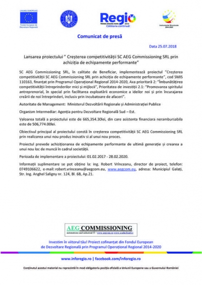 Lansarea proiectului ” Creșterea competitivității SC AEG Commissioning SRL prin achiziția de echipamente performante”