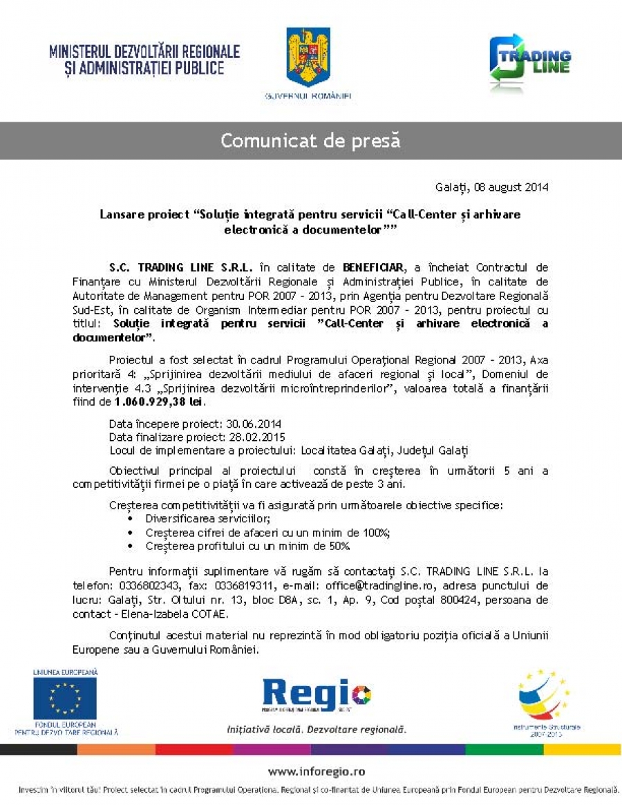 Lansare proiect “Soluție integrată pentru servicii “Call-Center și arhivare electronică a documentelor””