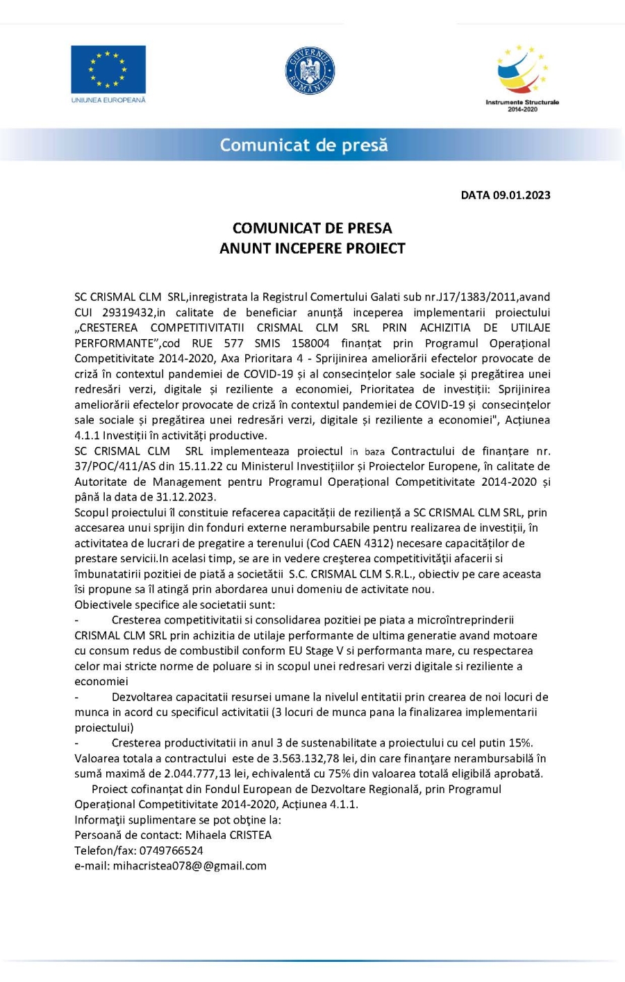 COMUNICAT DE PRESA ANUNT INCEPERE PROIECT DATA 09.01.2023
