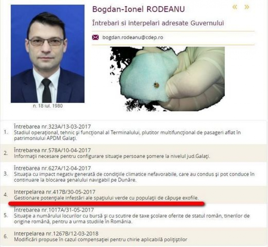 Bogdan Rodeanu (deputat USR Galaţi) l-a interpelat pe Ministrul Sănătăţii cu o problemă majoră: Căpuşele