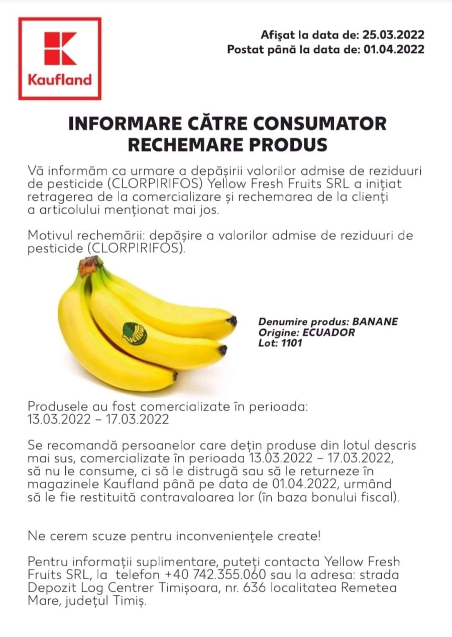 Banane cu pesticide retrase de Kaufland