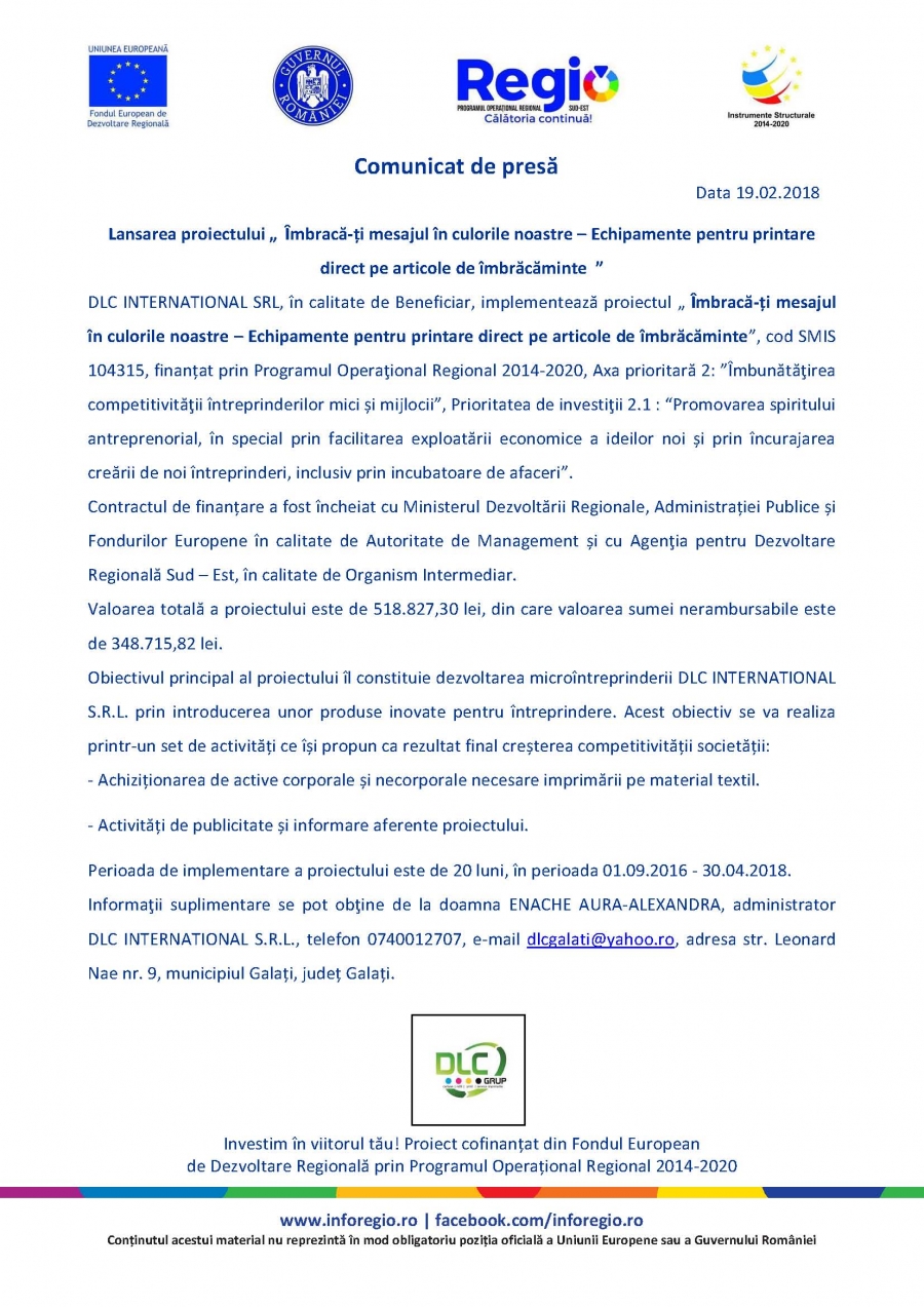 COMUNICAT DE PRESĂ: Lansarea proiectului „Îmbracă-ți mesajul în culorile noastre – Echipamente pentru printare direct pe articole de îmbrăcăminte”