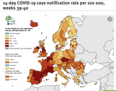 Coronavirus: Peste jumătate din statele UE sunt în zona roşie de risc epidemic, potrivit hărţii ECDC