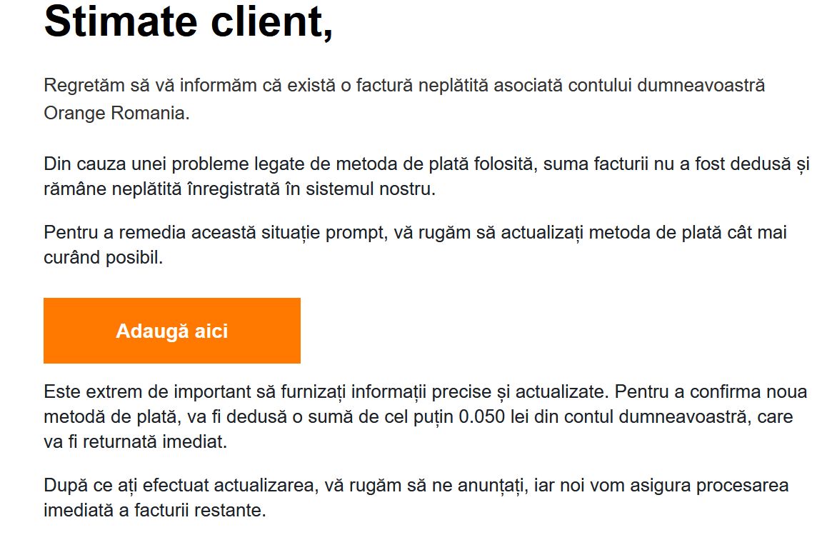 E-mailuri false cu facturi presupus neplătite la Orange: Nu accesaţi link-urile din aceste mailuri!