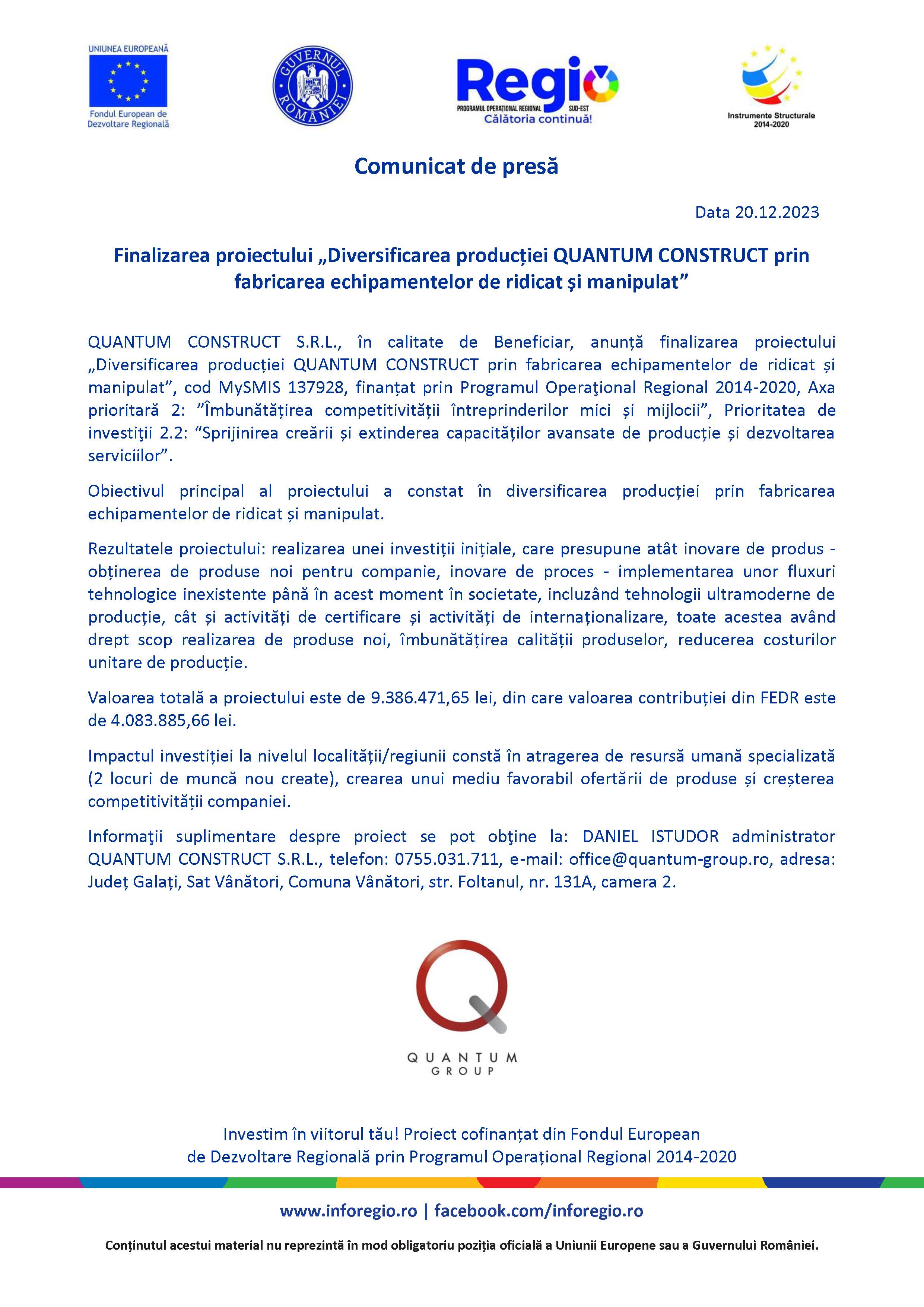 Finalizarea proiectului „Diversificarea producției QUANTUM CONSTRUCT prin fabricarea echipamentelor de ridicat și manipulat” 20.12.2023