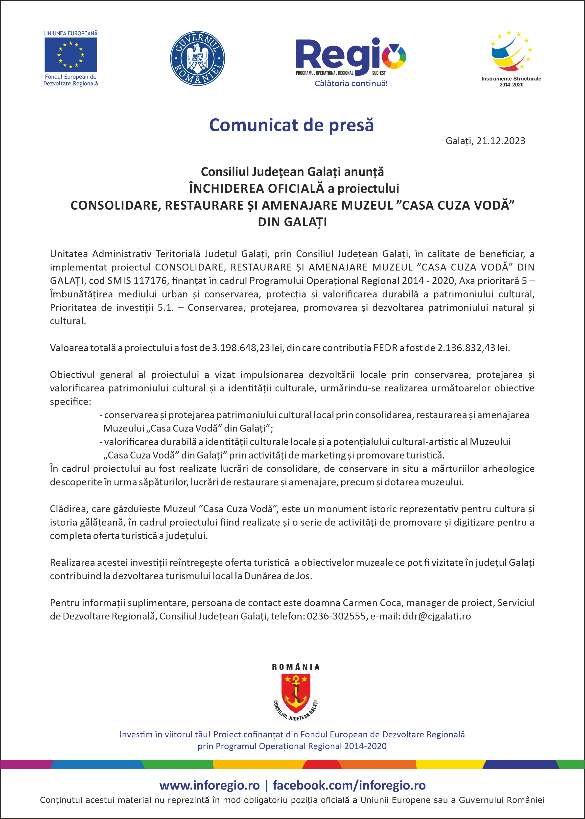 Consiliul Județean Galați anunță ÎNCHIDEREA OFICIALĂ a proiectului CONSOLIDARE, RESTAURARE ȘI AMENAJARE MUZEUL ”CASA CUZA VODĂ” DIN GALAȚI