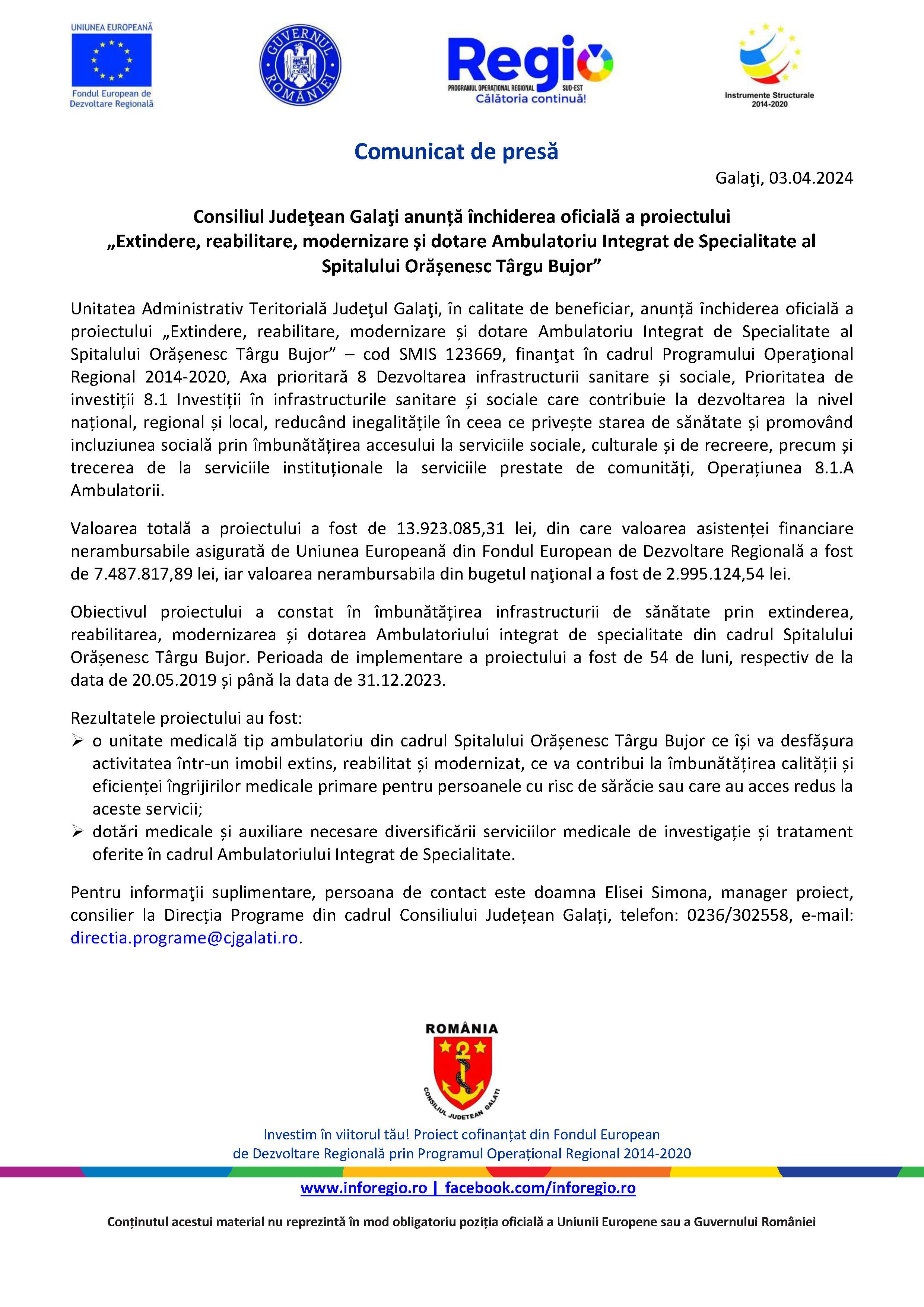 Consiliul Judeţean Galaţi anunță închiderea oficială a proiectului „Extindere, reabilitare, modernizare și dotare Ambulatoriu Integrat de Specialitate al Spitalului Orășenesc Târgu Bujor”