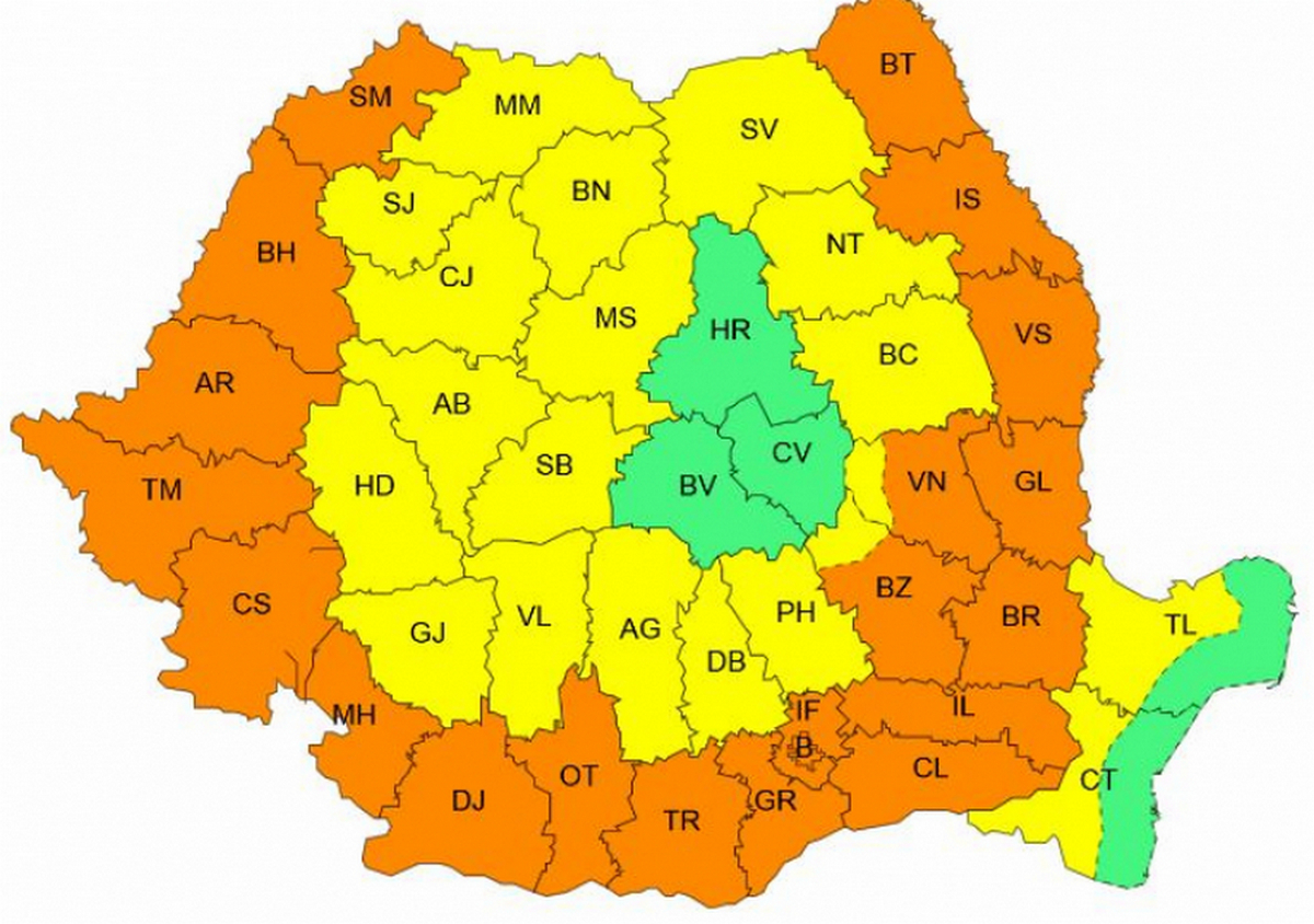 Codul GALBEN de astăzi se transformă în cod PORTOCALIU de mâine