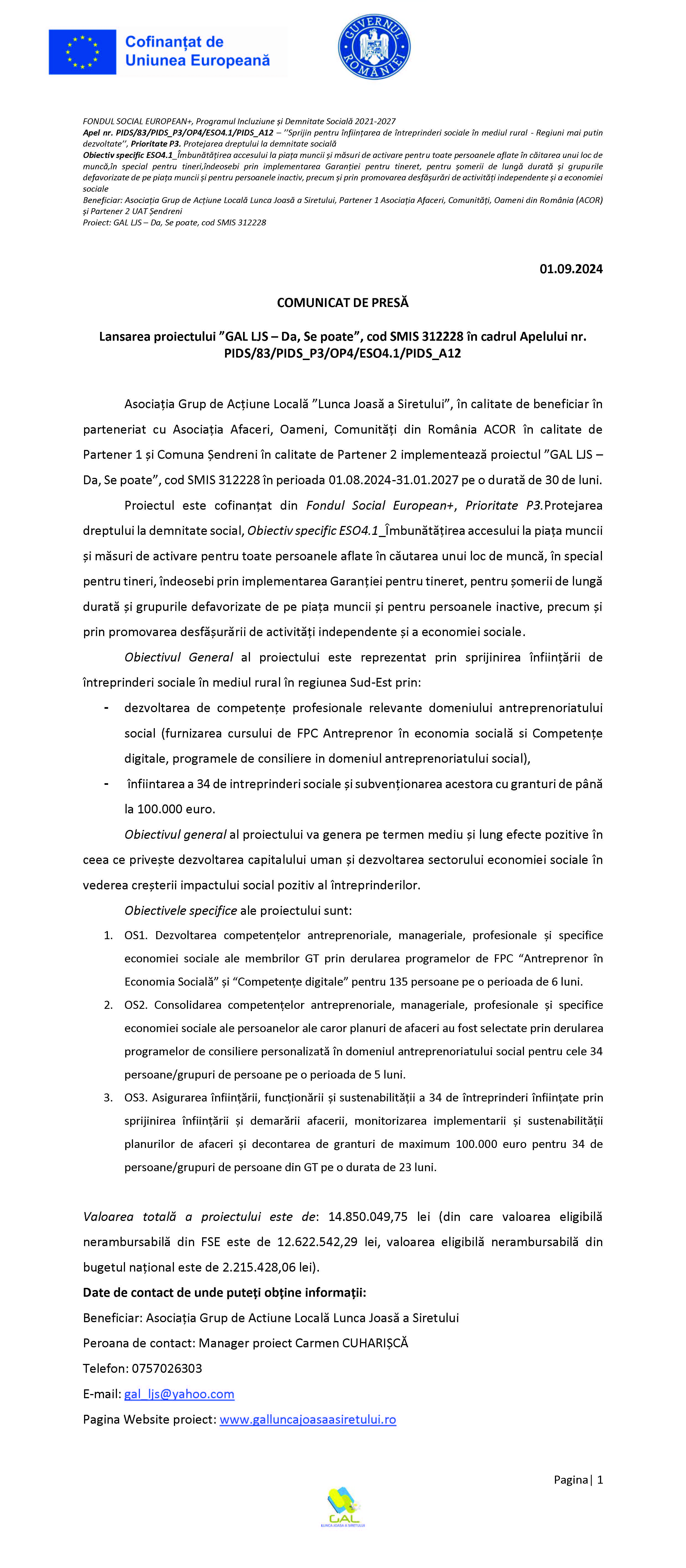 Lansarea proiectului ”GAL LJS – Da, Se poate”, cod SMIS 312228 în cadrul Apelului nr. PIDS/83/PIDS_P3/OP4/ESO4.1/PIDS_A12