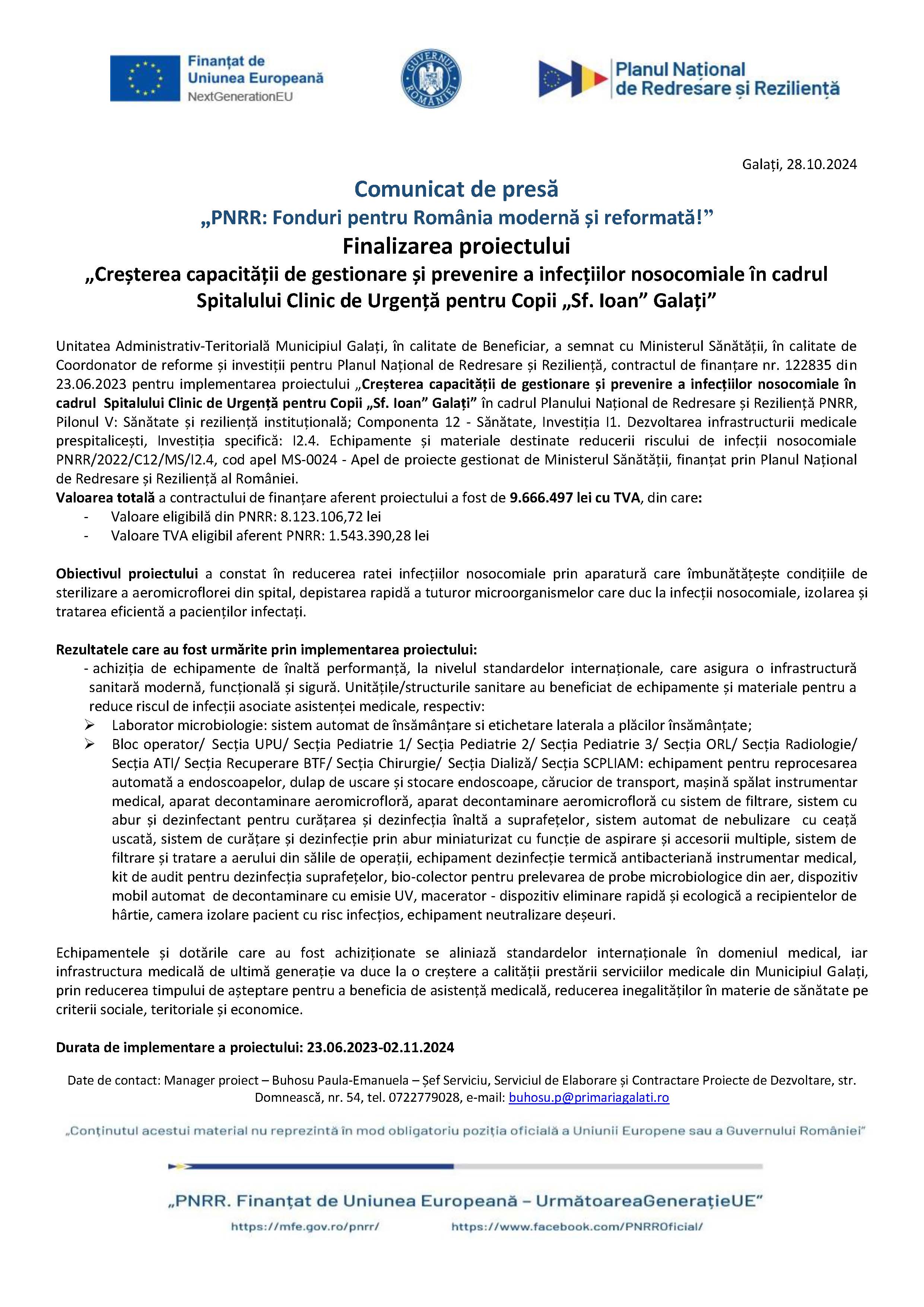 Finalizarea proiectului „Creșterea capacității de gestionare și prevenire a infecțiilor nosocomiale în cadrul Spitalului Clinic de Urgență pentru Copii „Sf. Ioan” Galați”