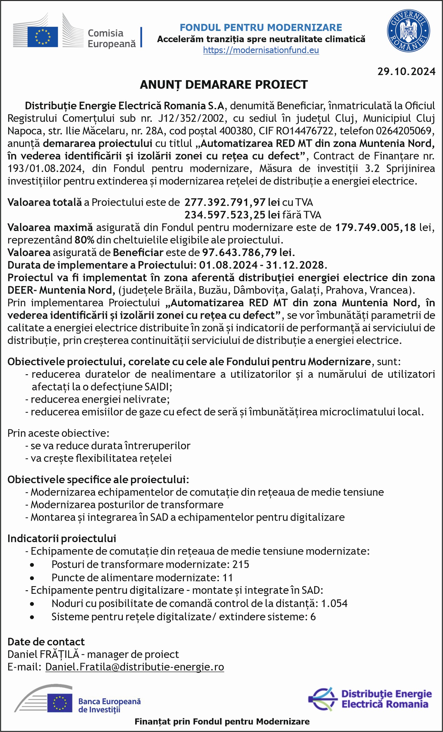 ANUNȚ DEMARARE PROIECT 29.10.2024