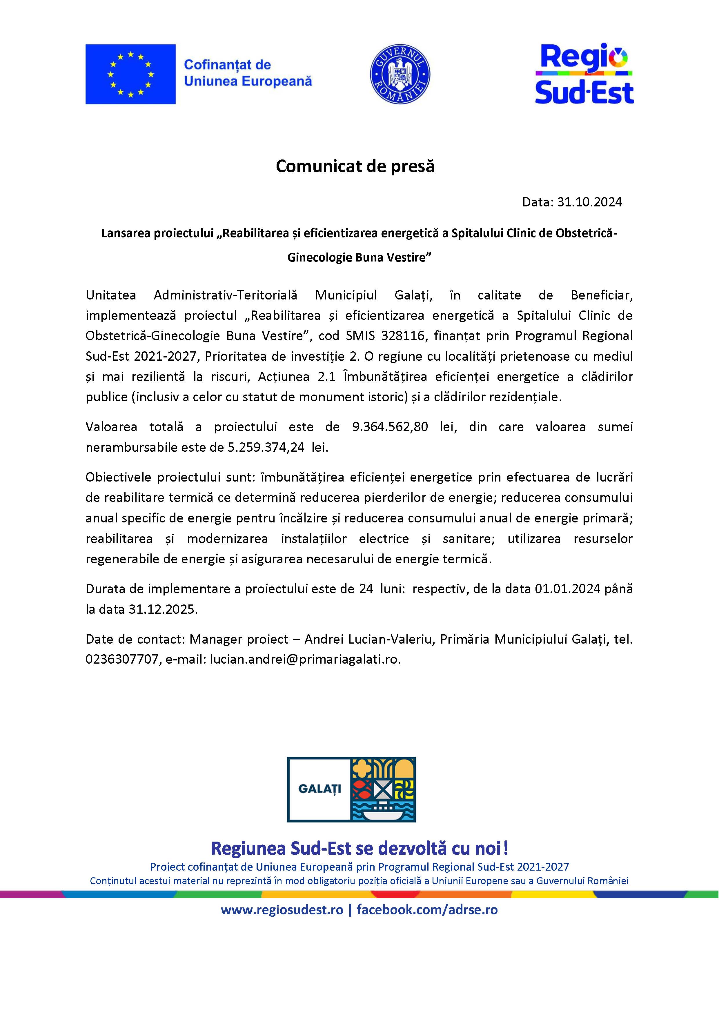 Lansarea proiectului „Reabilitarea și eficientizarea energetică a Spitalului Clinic de Obstetrică-Ginecologie Buna Vestire”