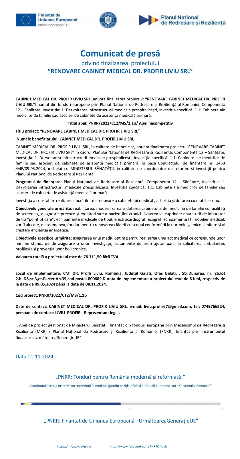 Comunicat de presă privind finalizarea proiectului “RENOVARE CABINET MEDICAL DR. PROFIR LIVIU SRL” Data 01.11.2024