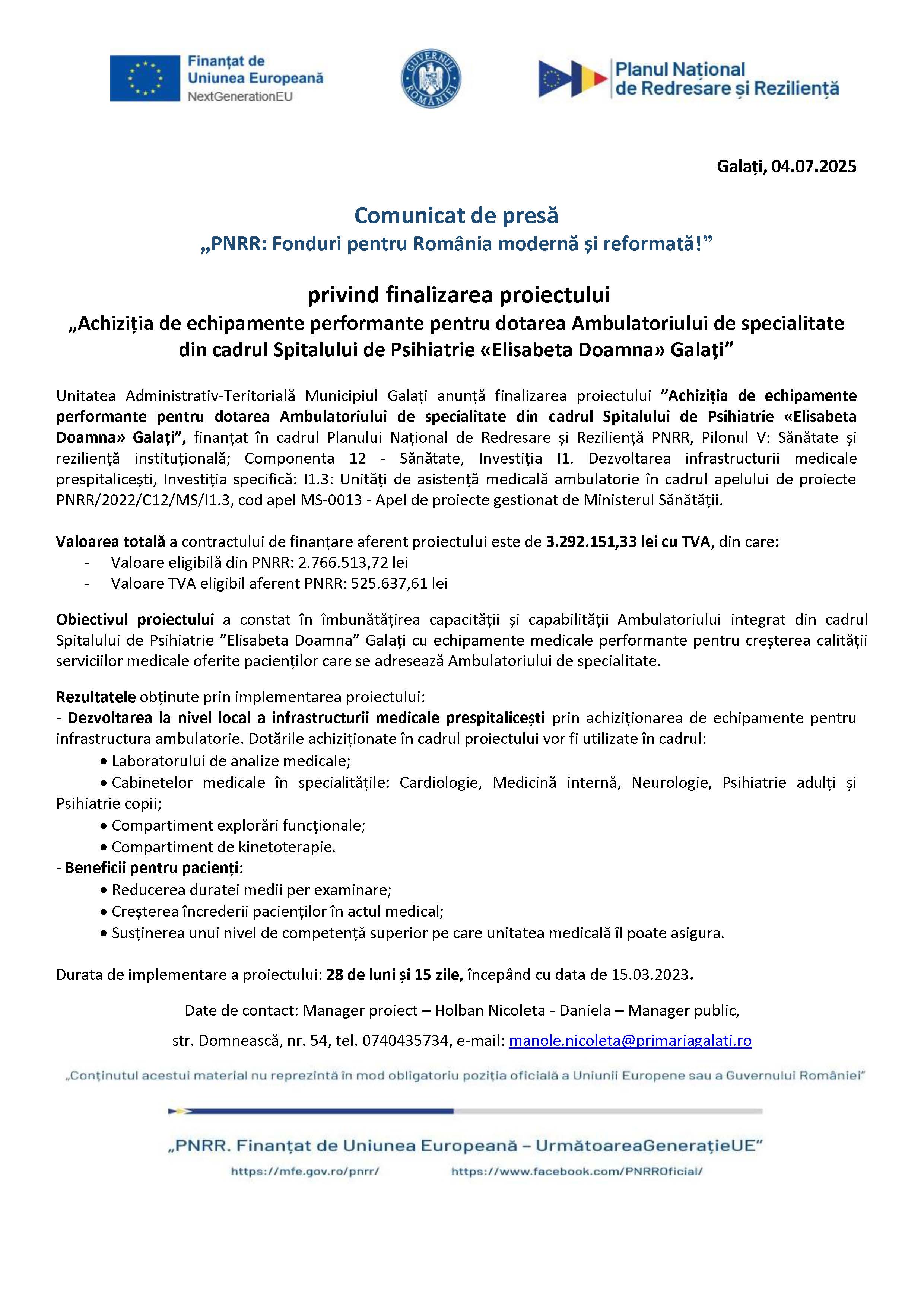 Comunicat de presă privind finalizarea proiectului „Achiziția de echipamente performante pentru dotarea Ambulatoriului de specialitate din cadrul Spitalului de Psihiatrie «Elisabeta Doamna» Galați” 05.07.2025